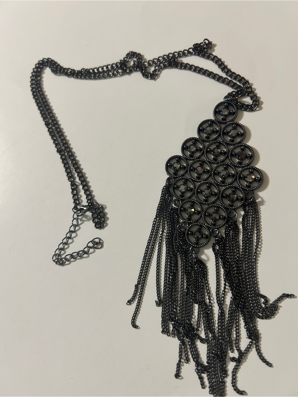 Gunmetal Rhinestone Lattice Tassel Statement Necklace Gothic Boho